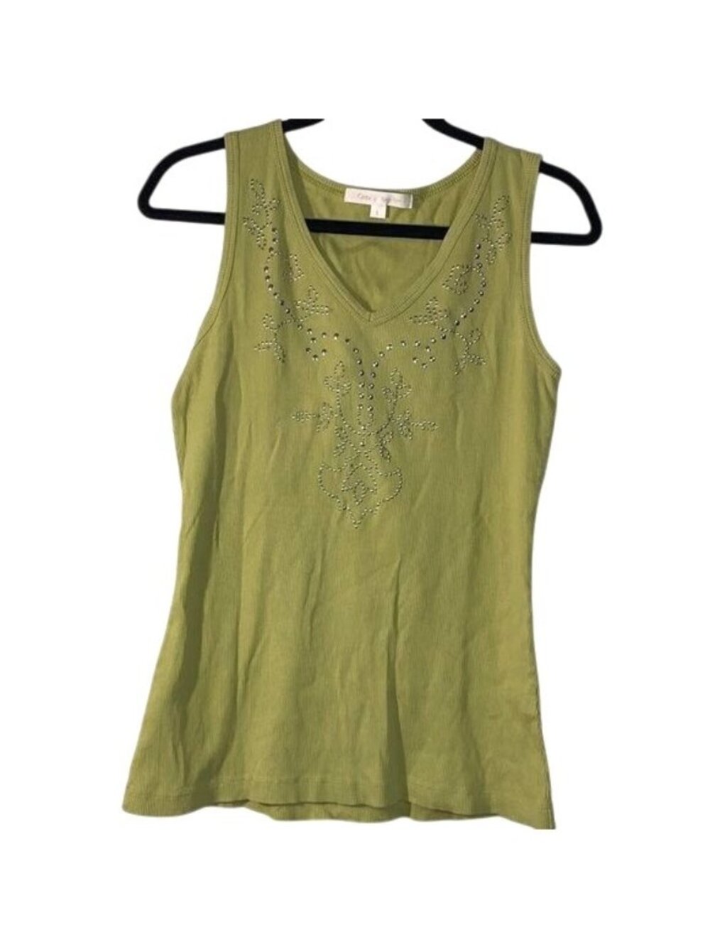 Ribbed Green Sleeveless Tank Top W/ Rhinestone Design V-Neck Large